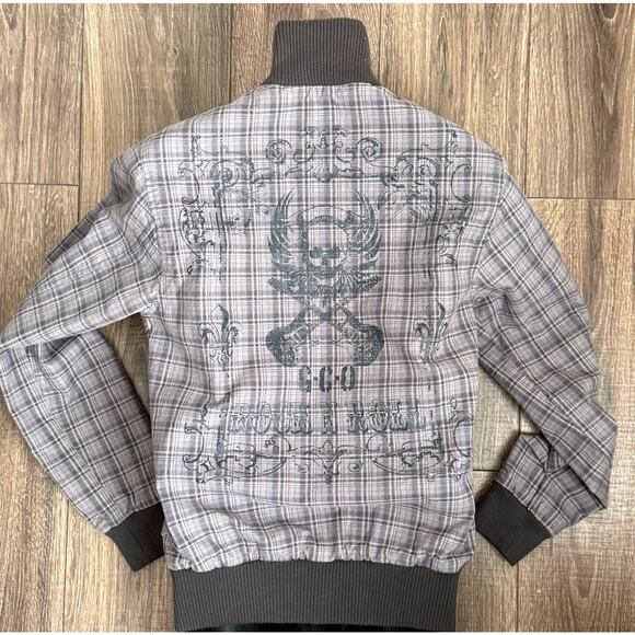 Vintage Y2K GUESS Bomber jacket gray plaid skull wings guitar size Small - Picture 1 of 9